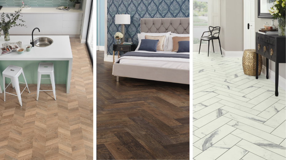 Left: Pale Limed Oak CH-KP94 chevron in a kitchen; Center: Salvaged Barnwood SM-RKP8209 herringbone in a bedroom; Right: Palazzo Marble SM-RKT3012-G herringbone in an entryway.