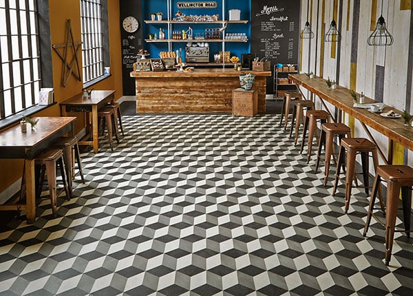 Rustic Cafe with a Black, White and Gray Cubix Floor