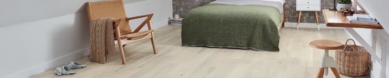 Grey Scandi Pine KP131 in a neutral loft bedroom