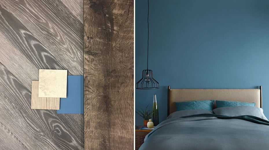 Left: Collage of Karndean floors and Behr's Blueprint; Right: Bedroom with Bluprint on the walls