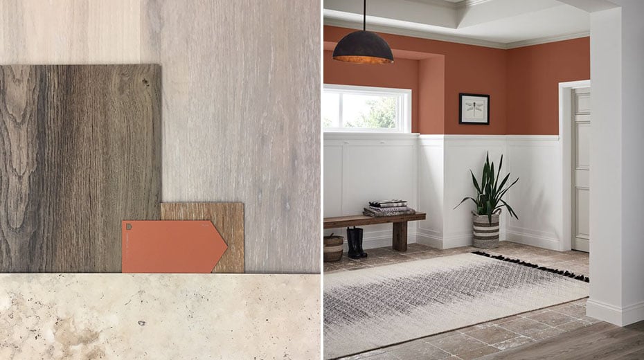 Left: Collage of Karndean floors and Shermin Williams' Cavern Clay; Right: Home Entryway with Cavern Clay on the walls