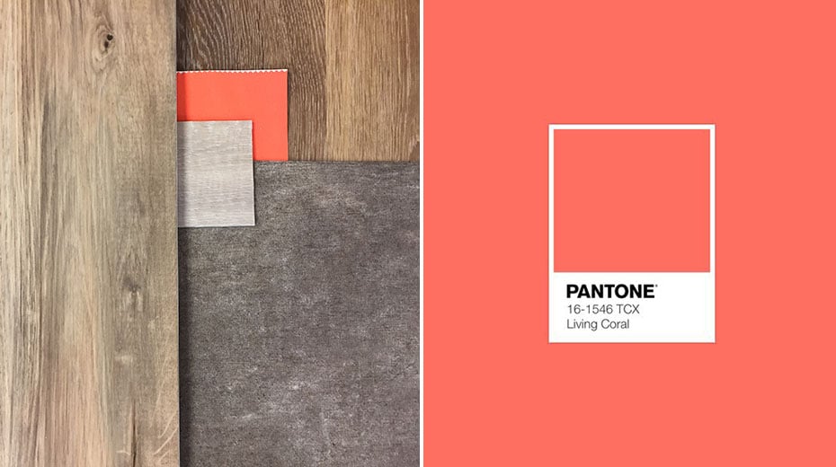 Right: Collage of Karndean floors and Pantone's Living Coral; Right Pantone's Living Coral