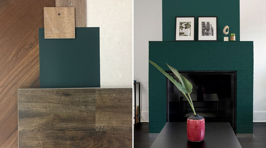 Left: Collage of Karndean floors and PPG Paints' Night Watch; Right: Fireplace painted in Night Watch