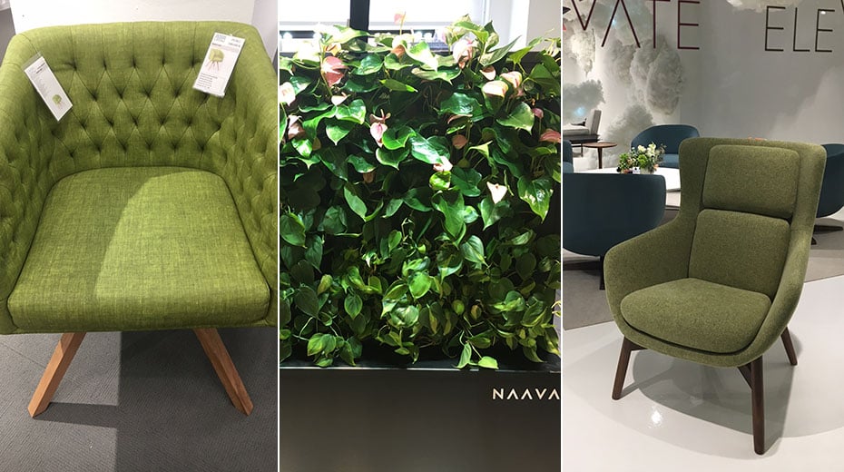 Left: BOSS green chair; Middle: Naava living plant wall; Right: Keilhauer green chair