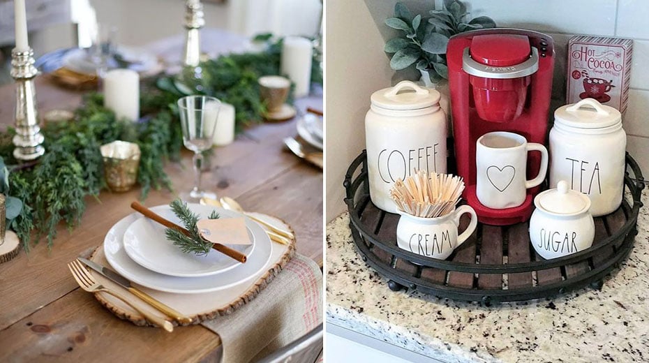 Image of a holiday dining room tablescape with live greenery beside an image of a red Keurig and white canisters labeled 