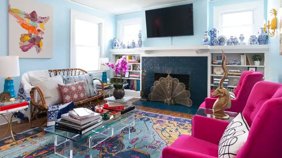 Maximalist living room with bright colors