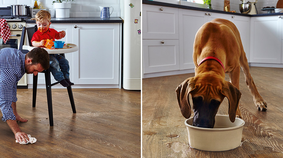 Left: Dad cleaning up floor by a toddler eating in a highchair; Right: Great dane puppy drinking and spilling water out of a bowl in the kitchen