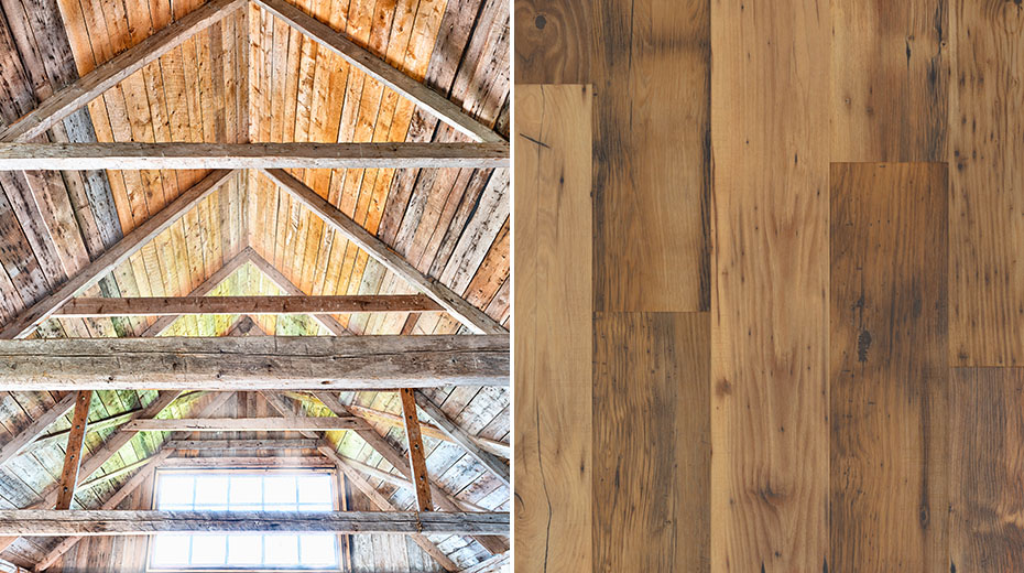 American chestnut barn ceiling on the left and a close up of our Reclaimed Chestnut EW21 design on the right