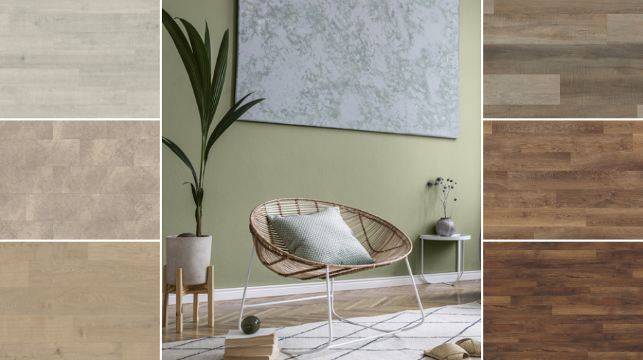 PPG Paints' Olive Sprig with collage of coordinating Karndean floors