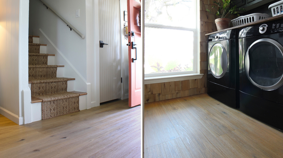 Left: Entryway with Candian Urban Oak floors; Right: Laundry room with Canadian Urban Oak floors