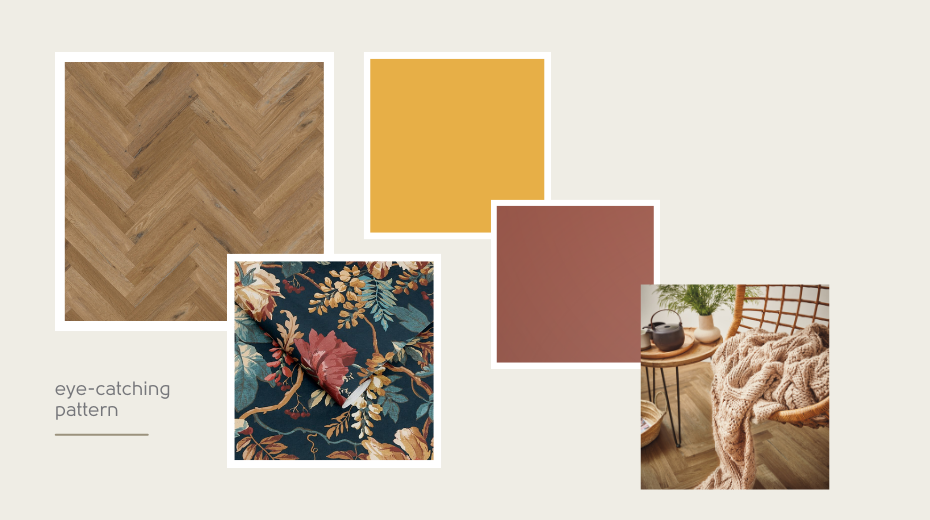 Traditional Character Oak from our Knight Tile collection paired with Dulux Honey Mustard,  Farrow & Ball Picture Gallery Red and Graham and Brown Florenzia Dusk Wallpaper
