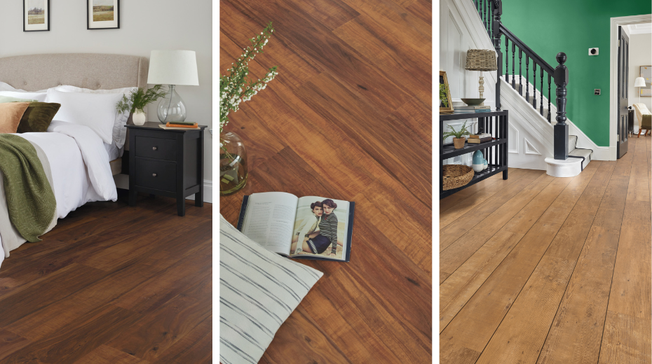 Left: Ohana Koa SCB143 in a bedroom; Center: close up of Natural Koa RKP8122; Right: Natural School Cedar VGW143T with DS06 3mm design strips in a hallway