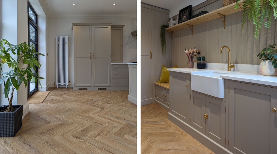 “Croftmore Oak from the Van Gogh range was the perfect warm, natural oak without any orange tones. We loved the slightly rustic, lived in feel of this design and the fact that it was inspired by real planks found in the Scottish Highlands. The plank size is exactly what I was looking for in this larger space. I felt like a very small plank size would look too busy but I still wanted to create the iconic herringbone laying pattern. So the medium plank size was perfect. 