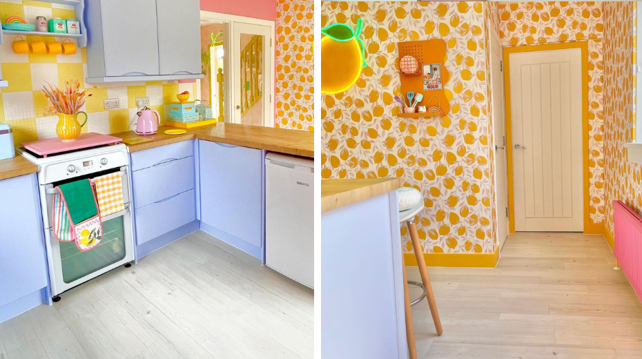 Rachel Henderson home inspired by an orange print wallpaper to use a collection of bright pastels in her kitchen, balanced by the cool fresh tones of Washed Scandi Pine flooring