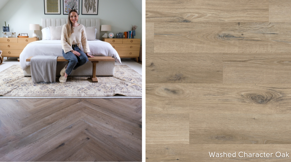 Beth Sandlands Cotswolds home master bedroom with Washed Character oak in herringbone LVT flooring