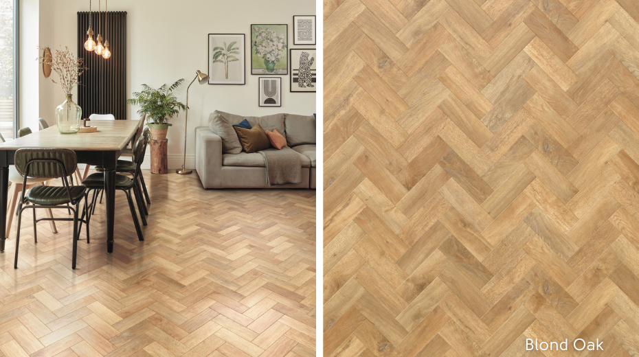 blond oak parquet flooring in a open plan living and dining room