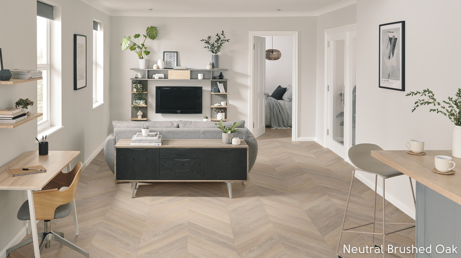 neutral bruch oak flooring in chevron in a studio flat