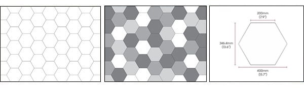 Hexa hexagon shape, design example and dimensions diagram