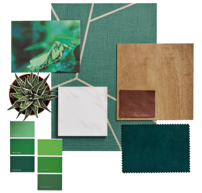 Green mood board with a succlent and swatches of wallpaper and RL01 Spring Oak