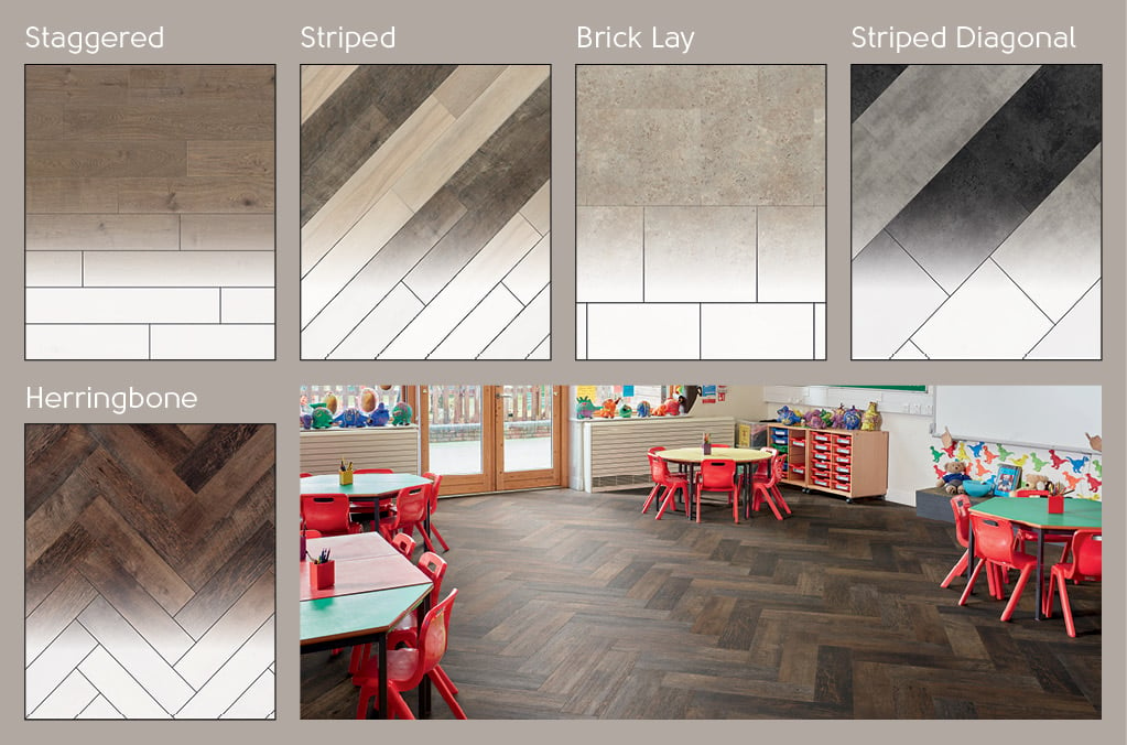 Laying patterns for rigid core products are staggered, striped, brick lay, striped diagonal and herringbone in select products