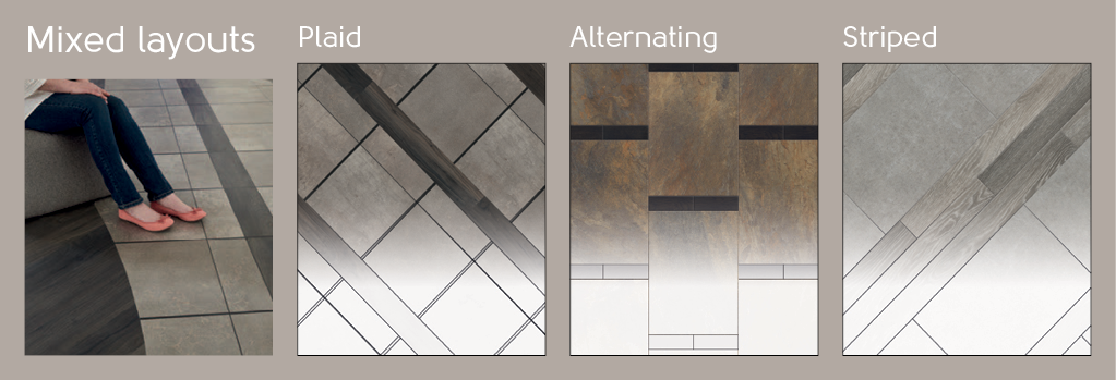 Laying patterns for mixed wood and stone gluedown products are plaid, alternating and striped
