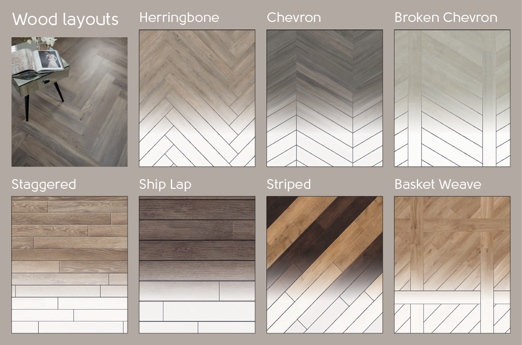 Laying patterns for wood gluedown products include herringbone, chevron, broken chevron, staggered, ship lap, striped with multiple colors, and basket weave