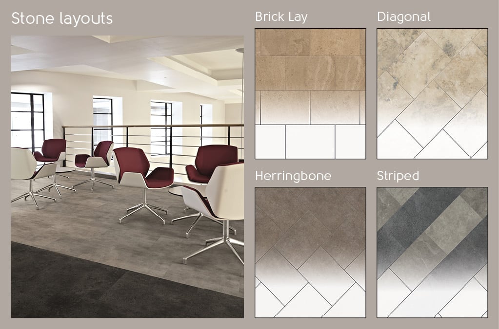 Laying patterns for stone loose lay products include brick lay, diagonal, herringbone and striped